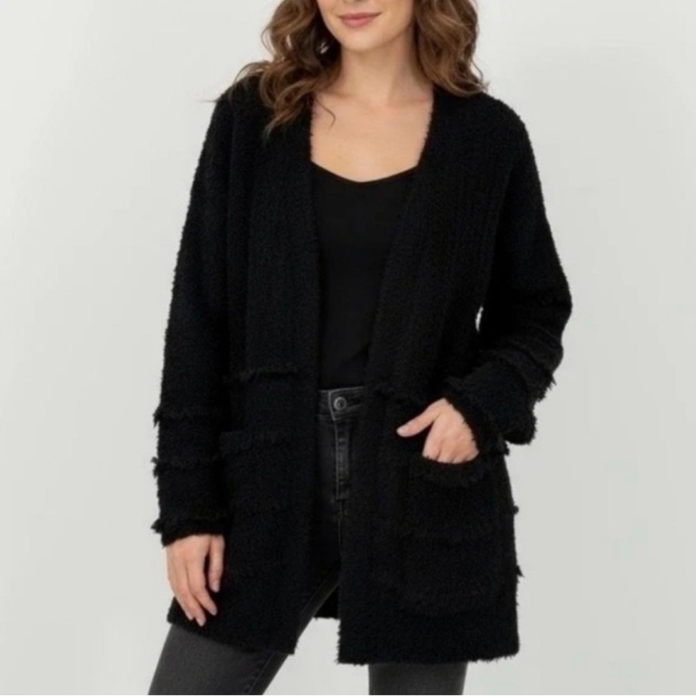 Barefoot Dreams CozyChic Boardwalk Cardigan Black Medium Open Front Sweater